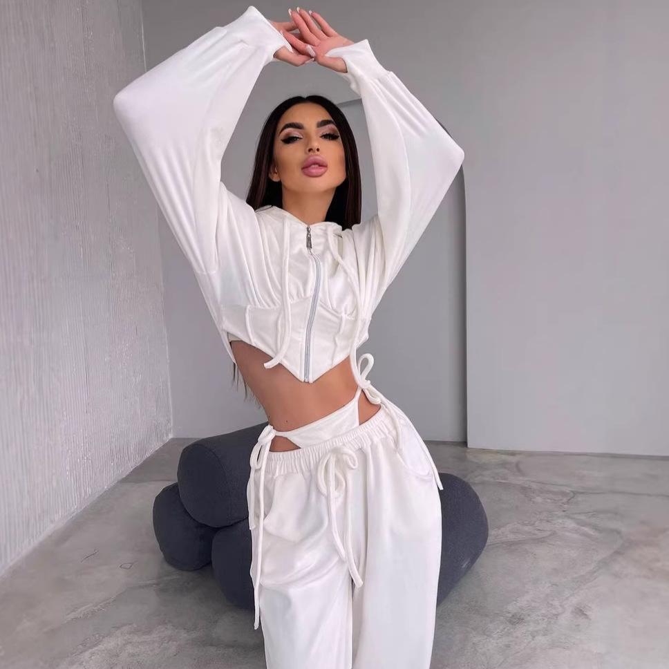 Casual European and American Women's Fashion Hooded Suit Solid Color Long-sleeved Zipper Waist Cardigan Lace-up Pants Two-piece Set