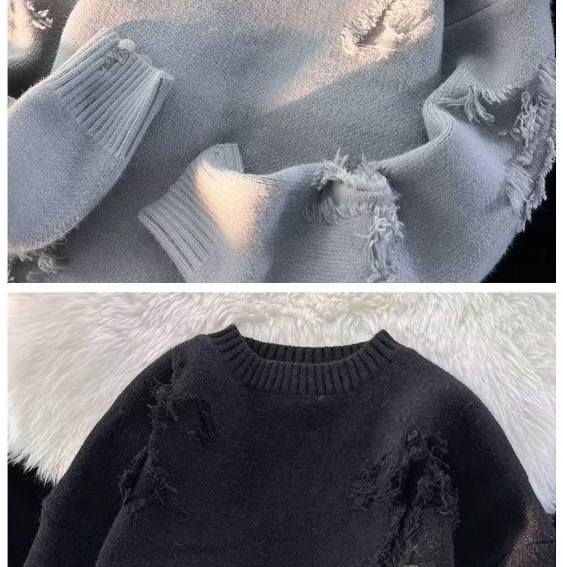 Men's Autumn/Winter Retro Ripped Knit Sweater - Round Neck, Thickened Pullover, Trendy American & Japanese Style