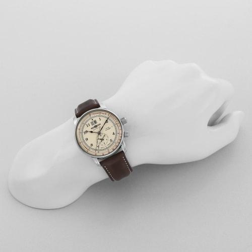 Zeppelin Los Angeles Watch, Silver Dial, Stainless Steel, Quartz, Dual Time, 41.5mm, German, 8644-5, Men's, Brown