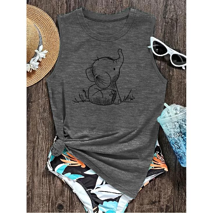 Elegant Vest for Women Line-drawing cute little elephant childlike print casual loose summer vest Fashionable, unique, cute, versatile American-style