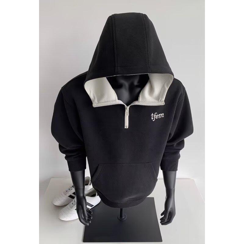 

Men s 2025 Autumn Loose-Fit Half-Zip Color Block Hoodie with Velvet and Letter Embroidery Medium