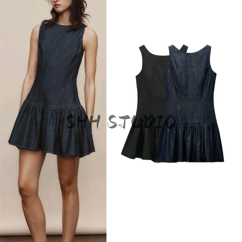 Summer New Product Women's Clothes round Neck Sleeveless Laminated Decoration Hem Denim Effect Short Dress 6929084