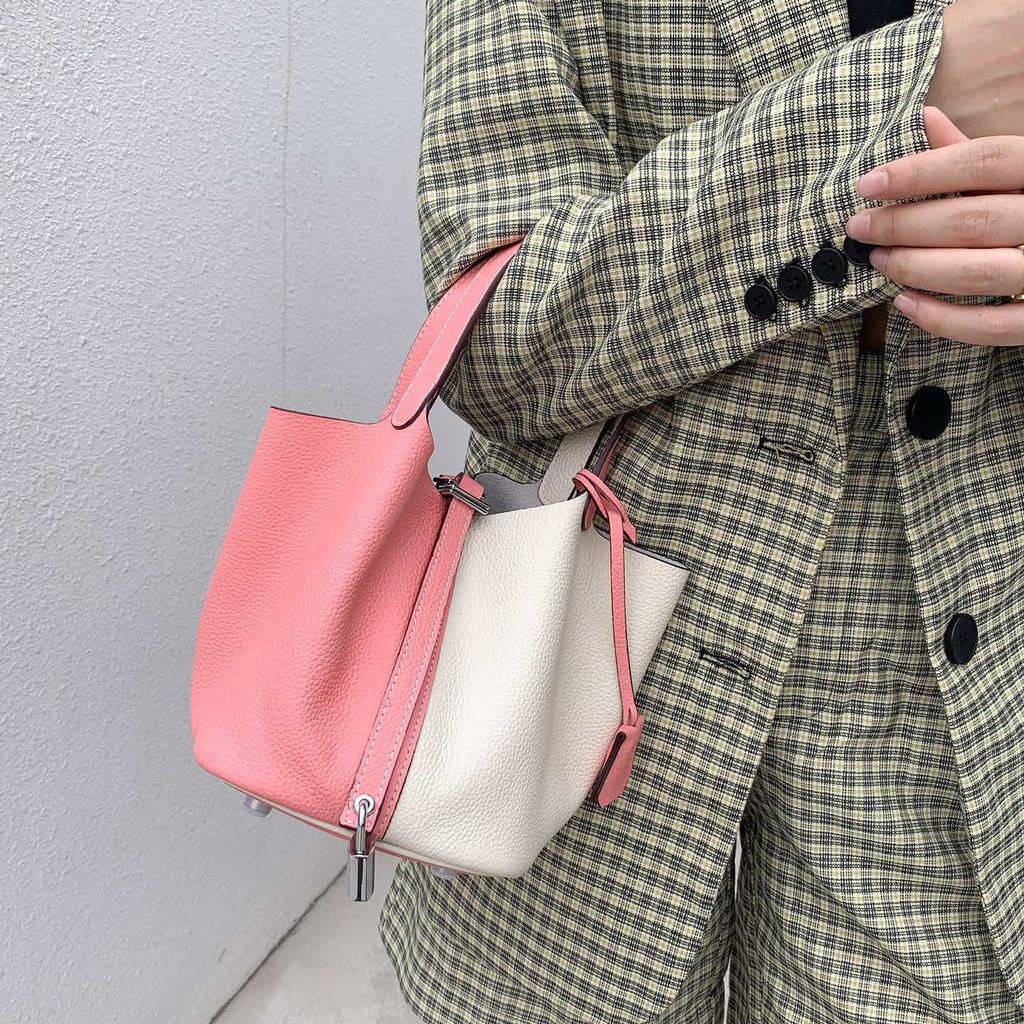 Damenhandtasche Togo-Leder Farbabstimmung Gemüsekorb Große Kapazität Handtasche Rindsleder Litschi-Muster Tasche Damen Kontrastfarbe Handtasche