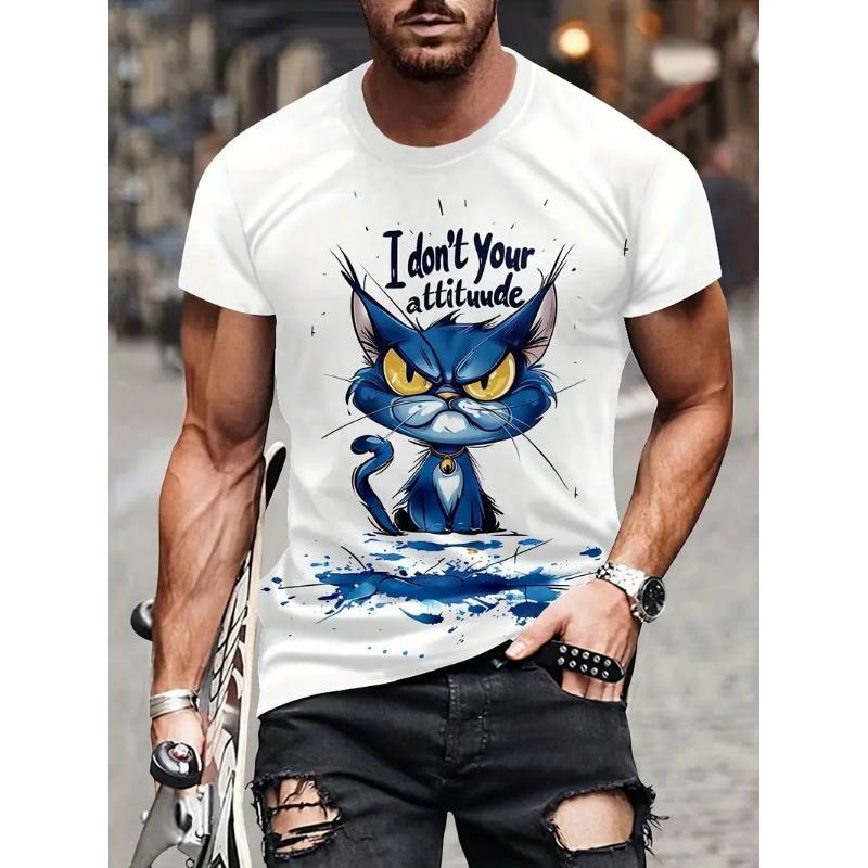 Cartoon Men's T-shirt Cat Pattern Print Summer Casual Short Sleeve T-shirt Street Round Neck Short Sleeve Top Oversized Clothing