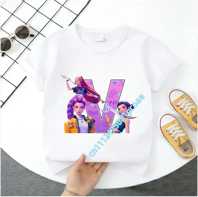 K Pop Demon Huntersd Children's Short-Sleeved Girls' Casual Shirt - Summer Pure Polyester T-Shirt with Letter A-Z Cartoon Print