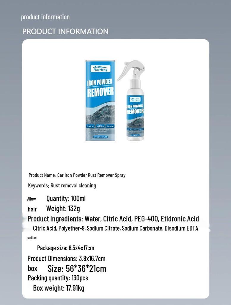 RAYHONG Car Rust & Stain Remover Spray - Gentle Cleaning & Prevention Solution