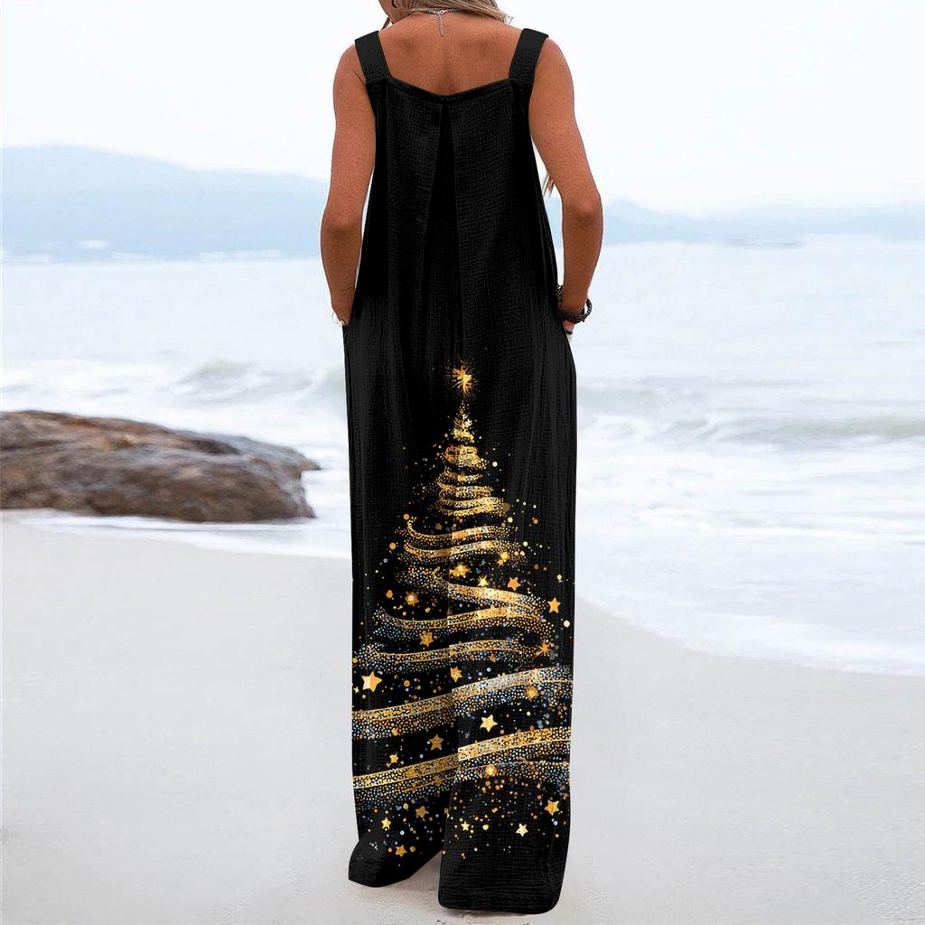 Women's Christmas Print Solid Wide Leg Strapless Tank Pocket Casual Onesie
