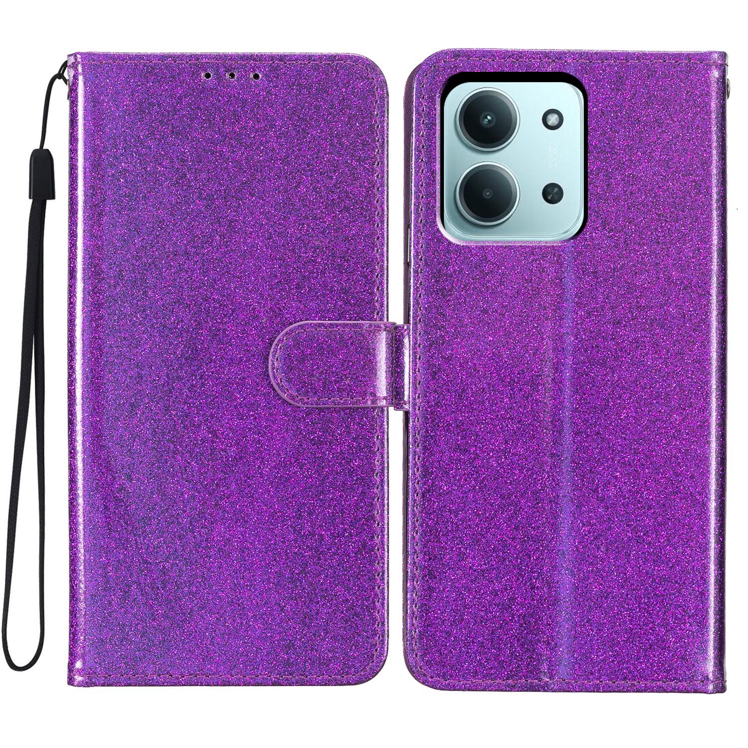 

For Xiaomi Redmi 15C 4G (171mm) Wallet Case Glitter Anti-Scratch Leather Stand Phone Cover with Strap Purple