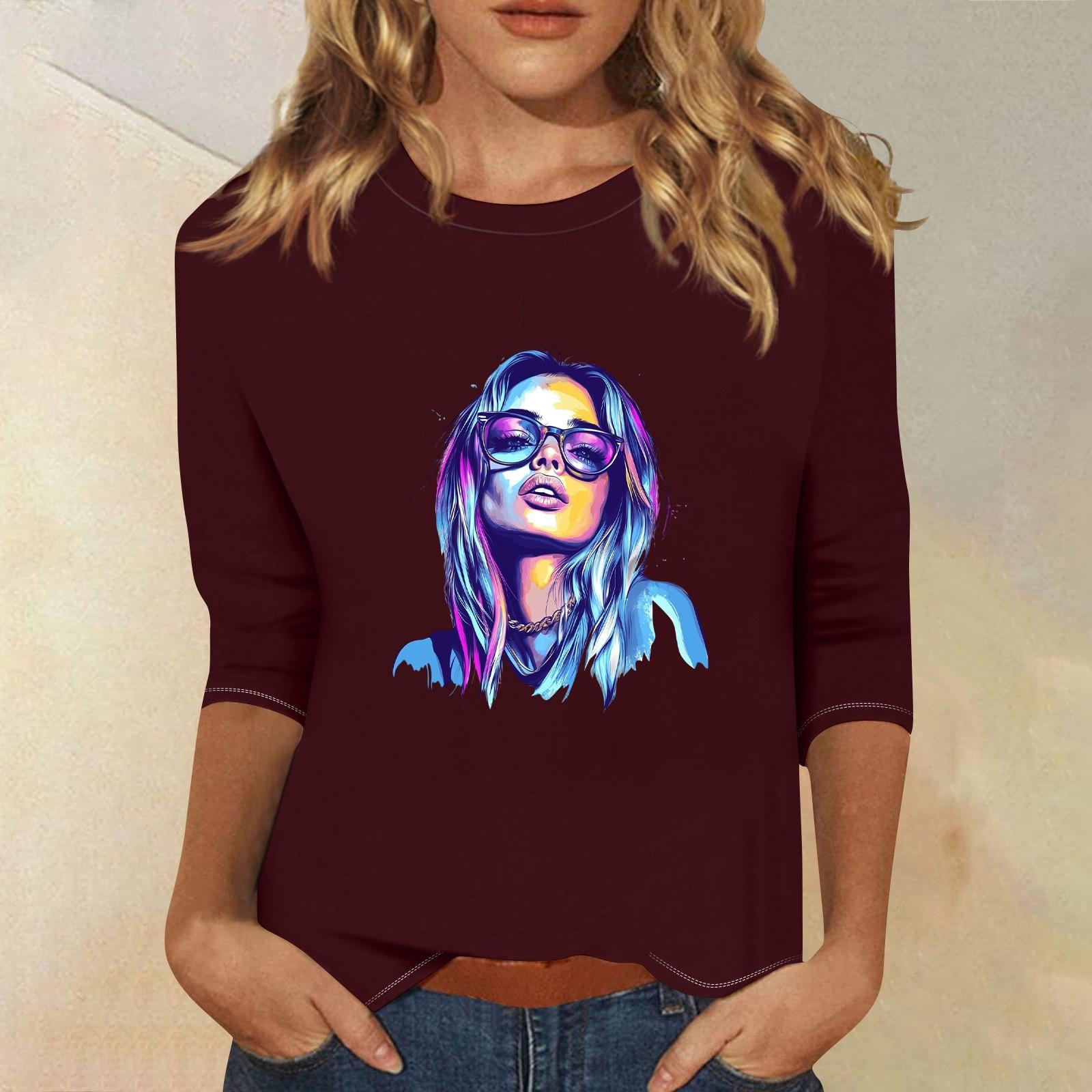 

3/4 рукава топы для женщин футболка повседневные принты топы футболка круглый вырез пуловер блузка XL винный