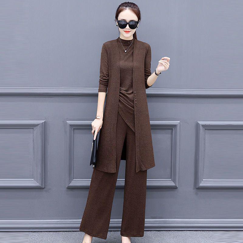 Plus Size Women's Slimming Wide-Leg Pants Suit Set - Spring/Autumn 2026 Style, Semi-High Neck, Casual Three-Piece.