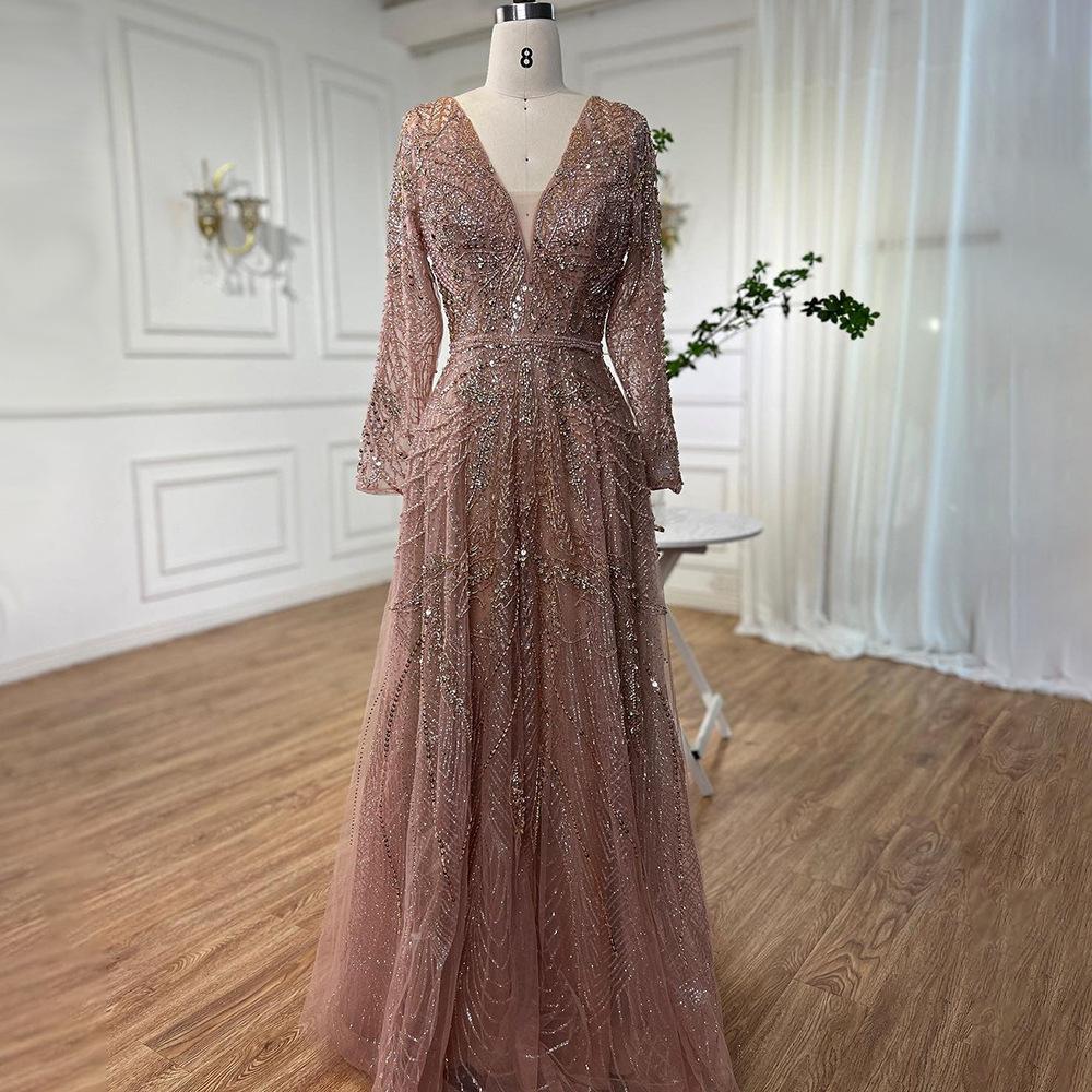 Serene hill rose gold V-neck long sleeves, slim and elegant banquet host evening dress LA10181L