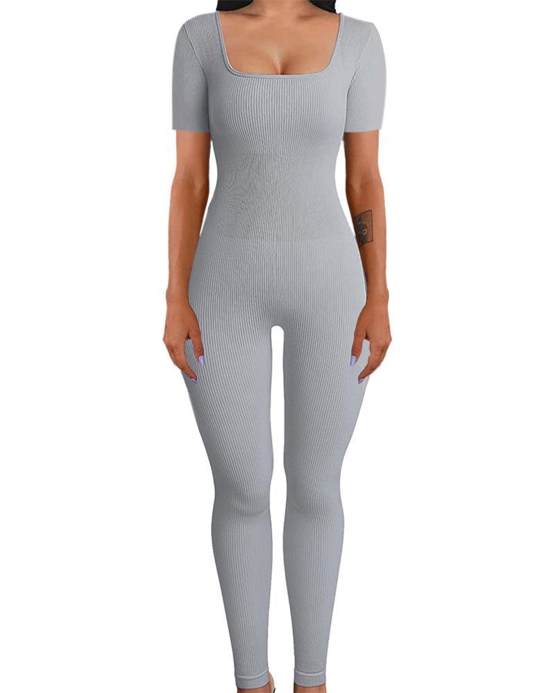 Women's Ribbed Square Neck Yoga Jumpsuit with Hip Lifting Slim Fit, Long/Short Sleeve