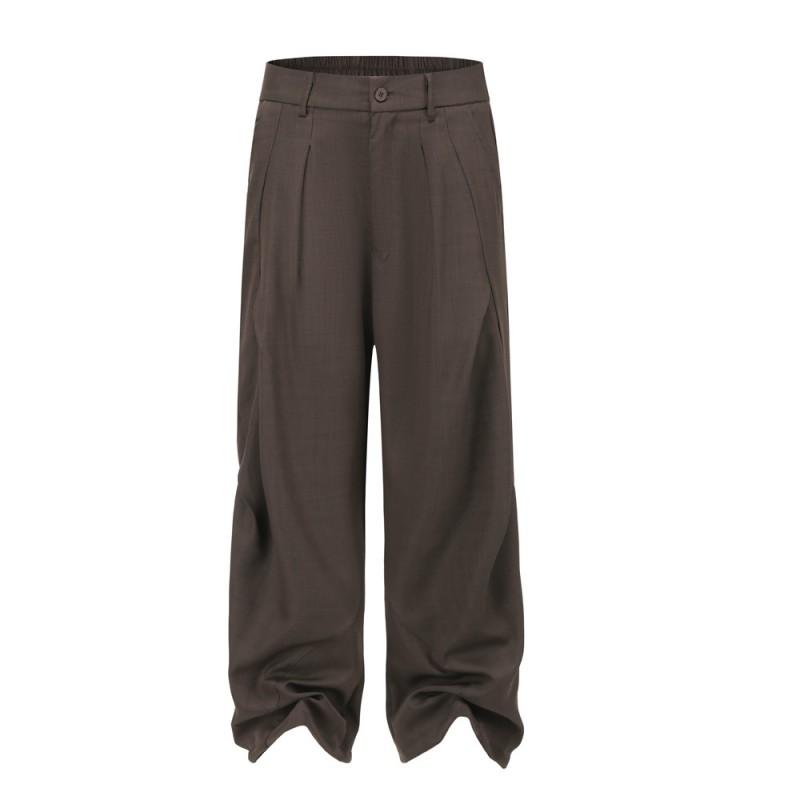 Japanese Retro Pleated Loose Wide Leg Trousers Unisex Casual Pants With Pocket Detail