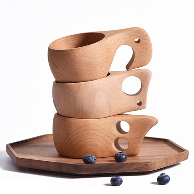 1Pc Wooden Cup Finland Kuksa Wood Mug  Outdoor Camping Cup Coffee Tea Mug Breakfast Juice Milk Mug Portable Picnic Drinking Cup