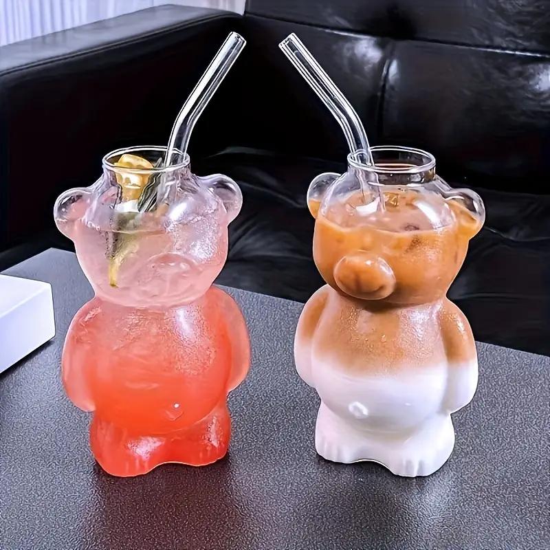 4 Stück Gläser mit Strohhalm Cartoon-Bär Kaffeetassen Transparentes Glas Bärenbecher Geburtstag Weihnachtsgeschenke für Frauen Kinder Trinkgeschirr