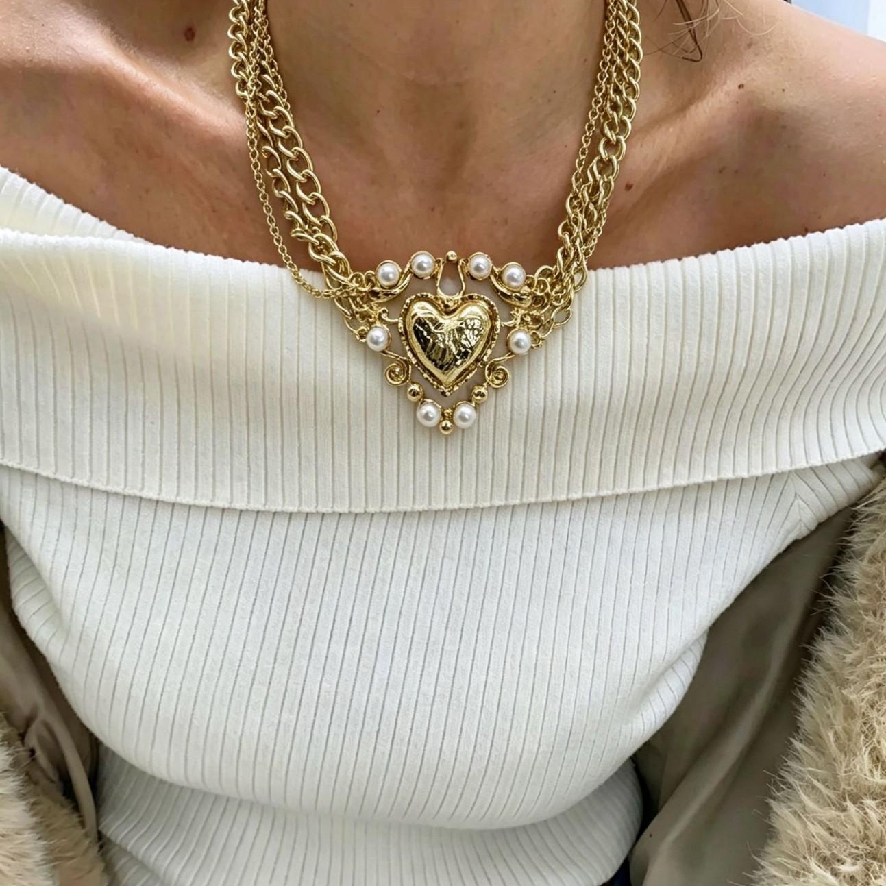 

Vintage court style multi-layer metal chain love pearl pendant collarbone chain, necklace