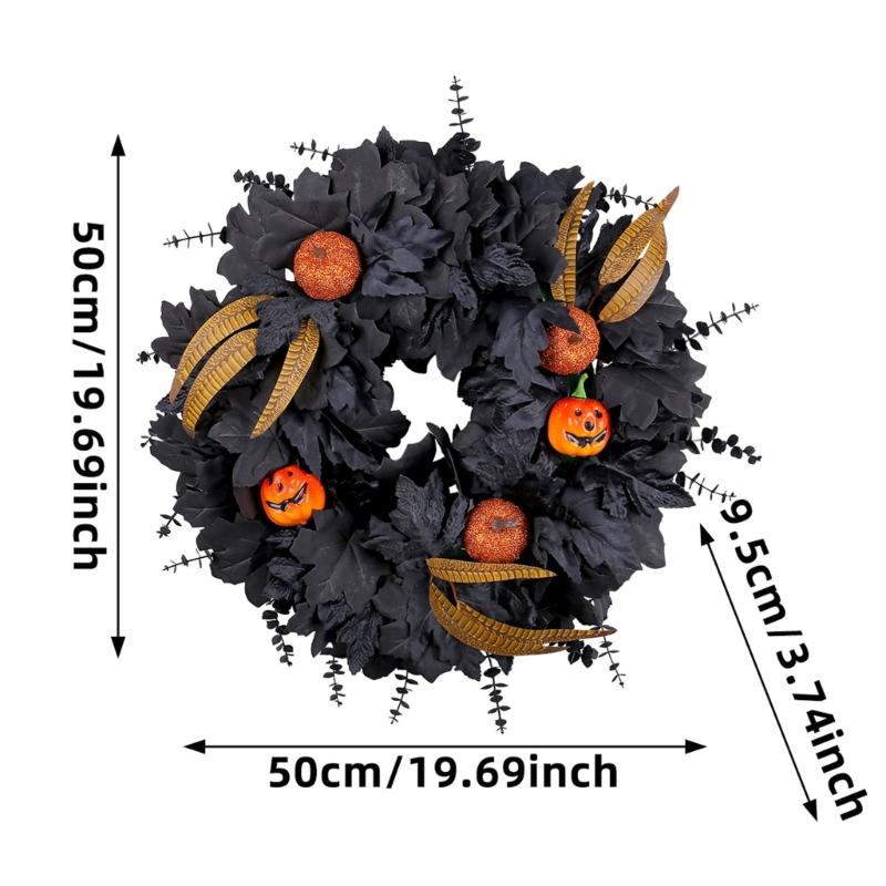 Eerie Season Artificial Black Maple Leaf And Pumpkins Wreath Weather Proof Halloween Door Hanger For Indoor Outdoor Use