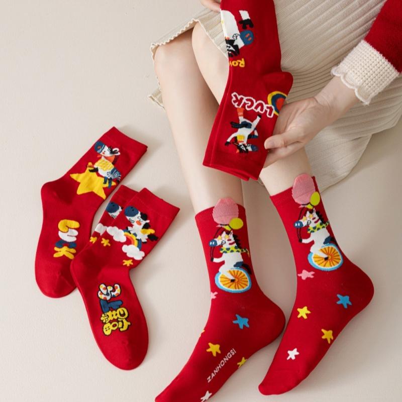 1/4Pair Cartoon Pony Socks  Year Red Socks Autumn Winter Warm Mid-Tube Socks For Men Women Christmas Party Gifts
