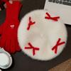 Winter Hats Woman Rabbit Fur Bow Beads Beret Women Sweet Painter Cap French Berets Woman Red Black White Flat Cap