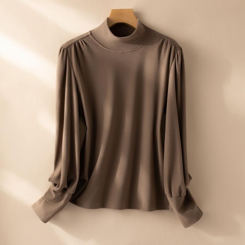 Camisa de Otoño e Invierno para Mujer con Cuello Medio Alto, Volantes en los Hombros y Bajo, Top Ajustado de Manga Larga