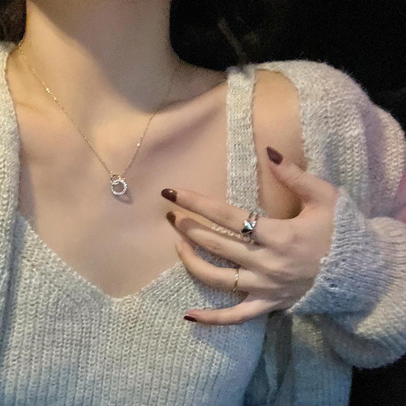 1 Pcs Geometric Titanium Steel Necklace with Rhinestone Double Rings Clavicle Chain Gift Women's Girls' Elegant Accessories