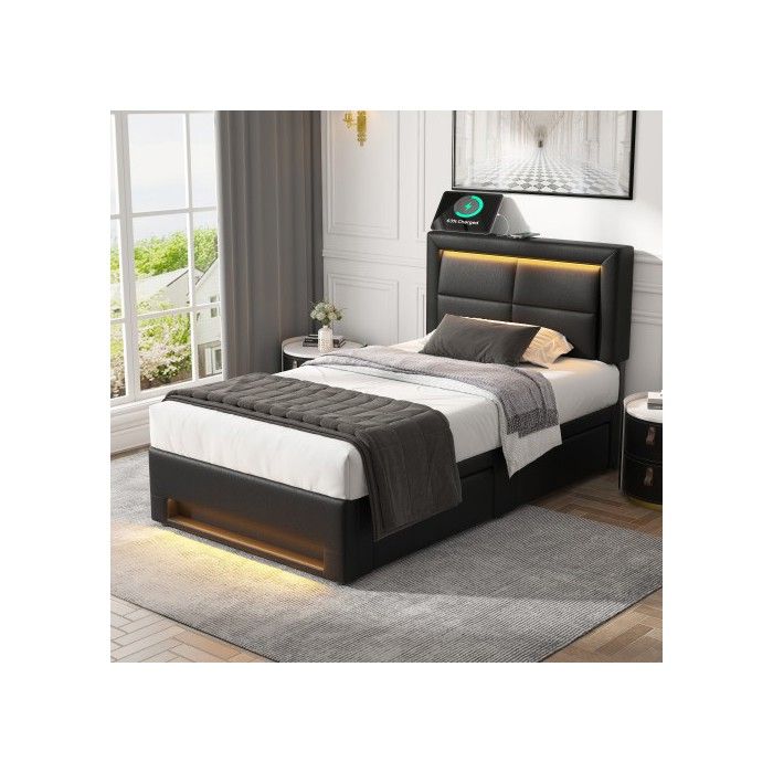 Lit rembourré - MUVOE - 90x190 cm - USB - Éclairage LED - 4 tiroirs - Noir