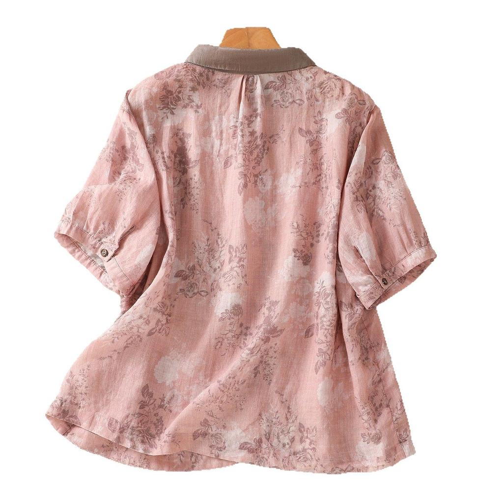 2025 Summer New Printed Cotton and Linen Shirt Women's Loose Polo Neck Patch Pocket Short Sleeve Cardigan Top