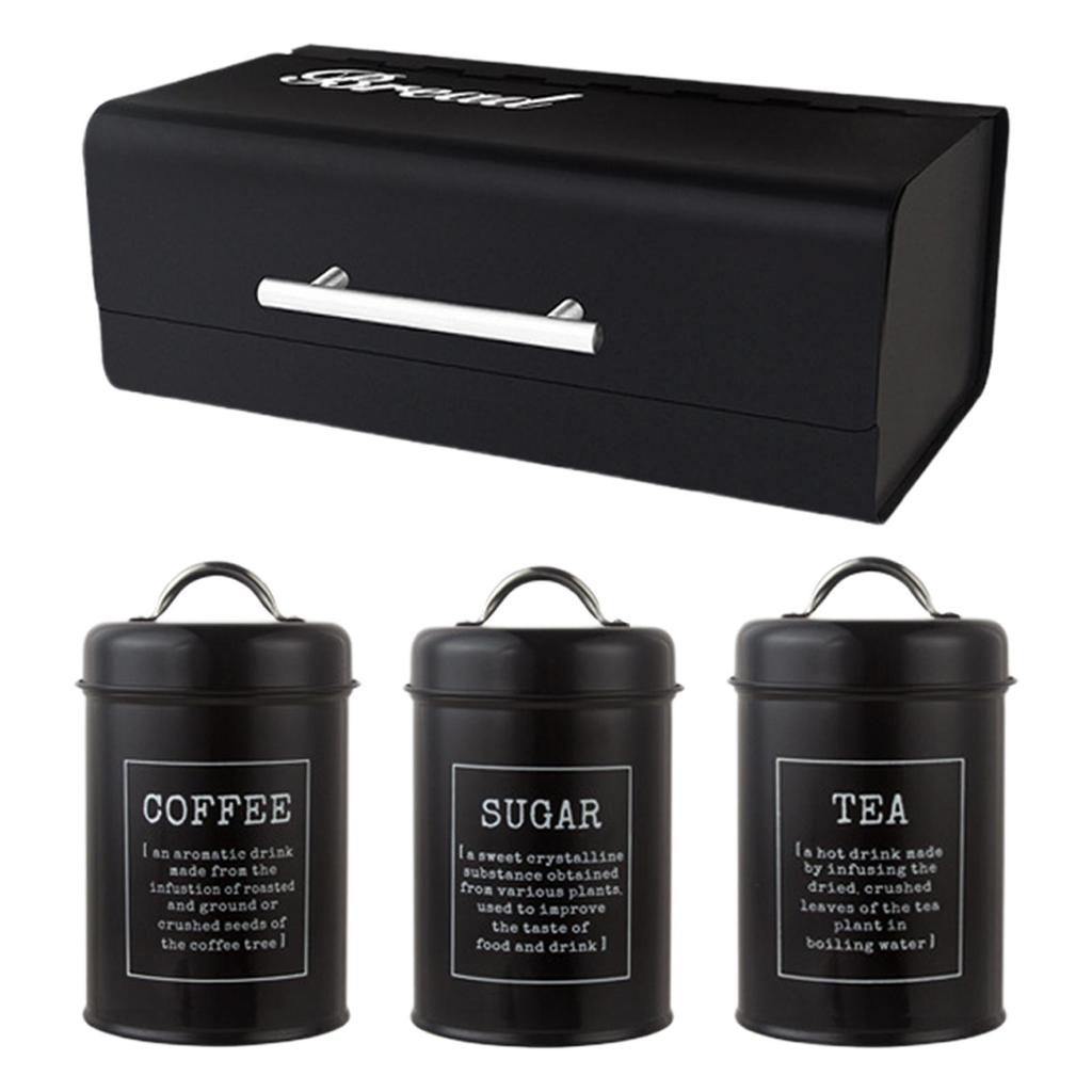 4x Large-Capacity Bread Box Set Storage Kitchen Countertop for Food coffee and sugar - Black