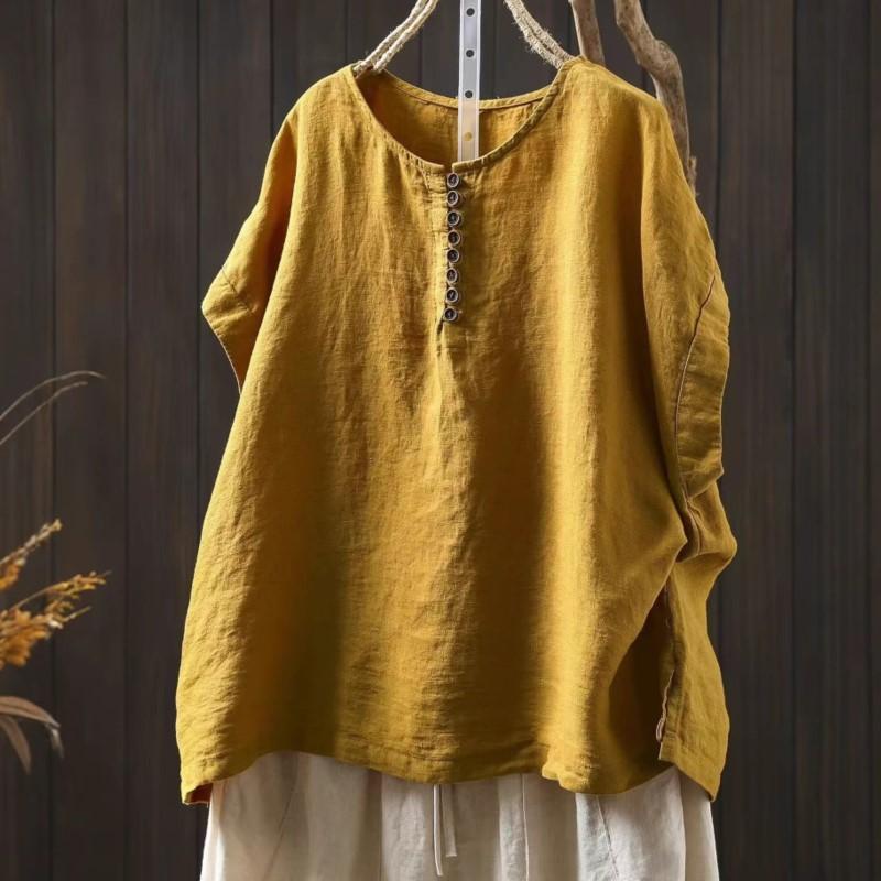 Johnature Women Vintage Button T-Shirts Solid Color O-Neck Sleeveless Summer Loose Button Female T-Shirts