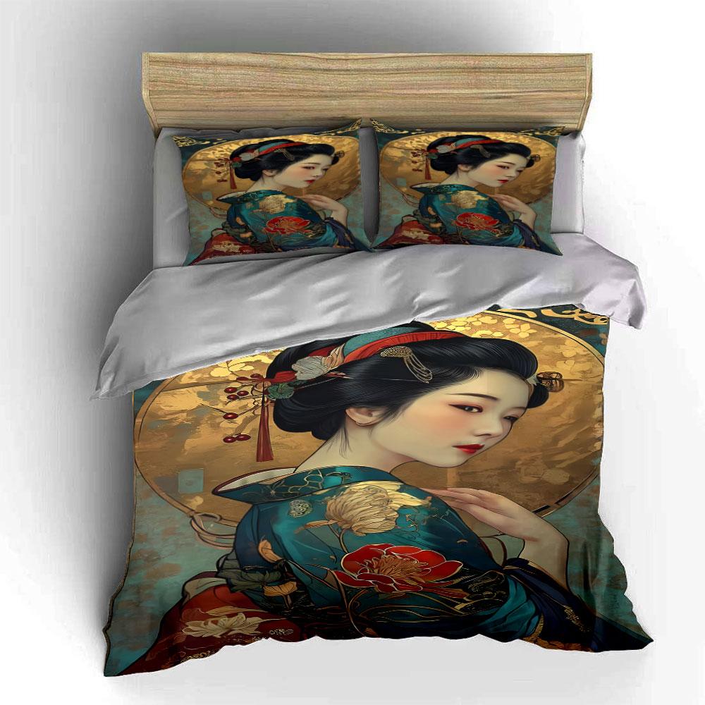 Geisha portrait with flowers. Bedding sets Duvet cover sets Duvet covers Pillowcases(1 * Duvet Cover 2 * Pillowcases without duvet insert)