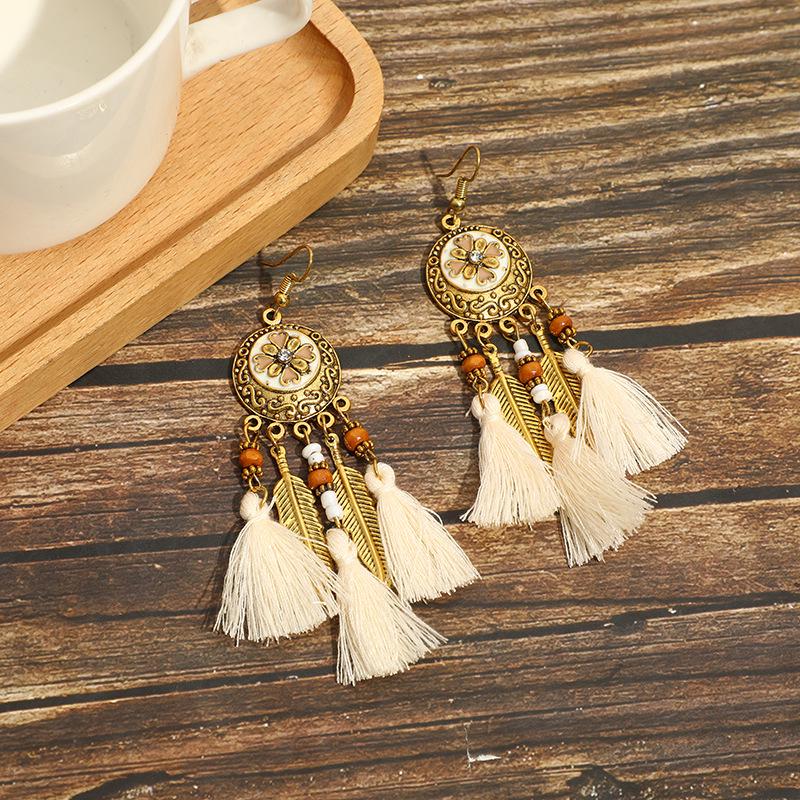 Bohemian Faux Silver Feather Tassel Mosquito Coil Earrings: Summer Retro Ethnic Ear Jewelry