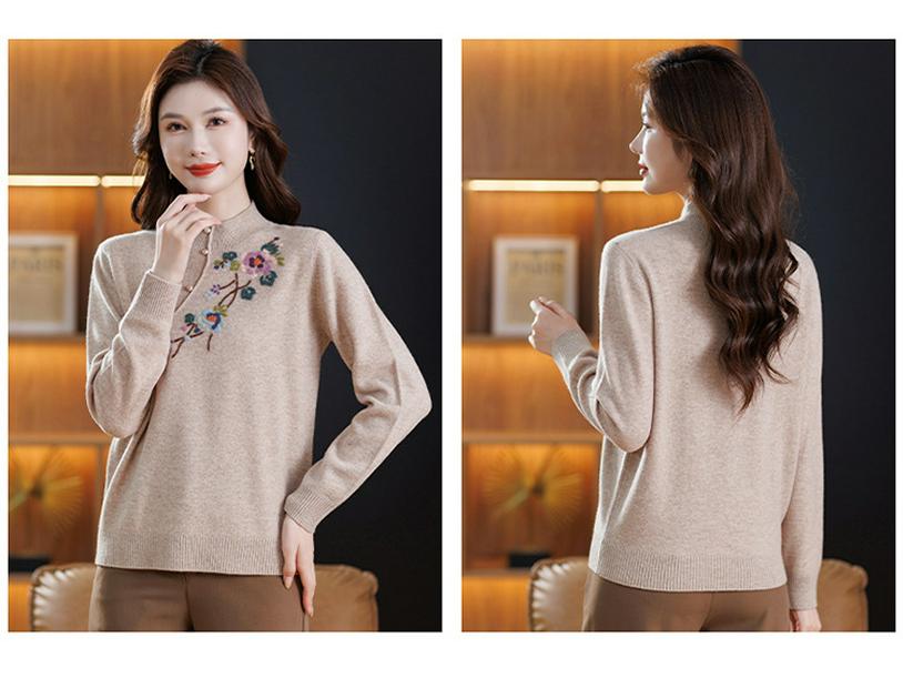 Elegant 100% Wool Embroidered Sweater - Women's Autumn/Winter Half-High Neck Top
