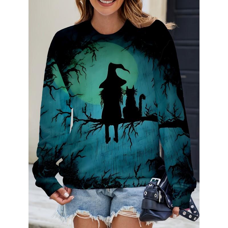 Womens Casual Hoodie With 3D Halloween Print Round Neck Lightweight Breathable Fabric