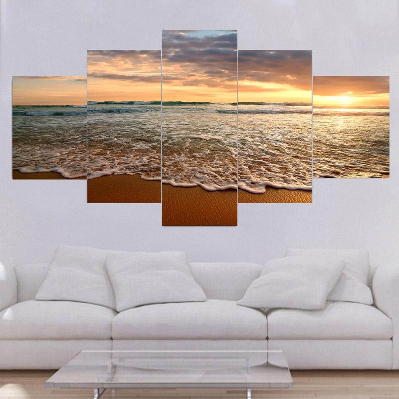 5 Pieces Natural Blue Beach Sunset Landscape Canvas Painting Seascape Posters And Prints Wall Art Pictures Home Decor No Frame