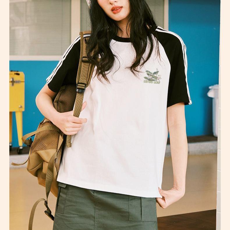 Women Summer Loose Cotton Tshirt Chinese Style Contrast Color Short Sleeve Tops