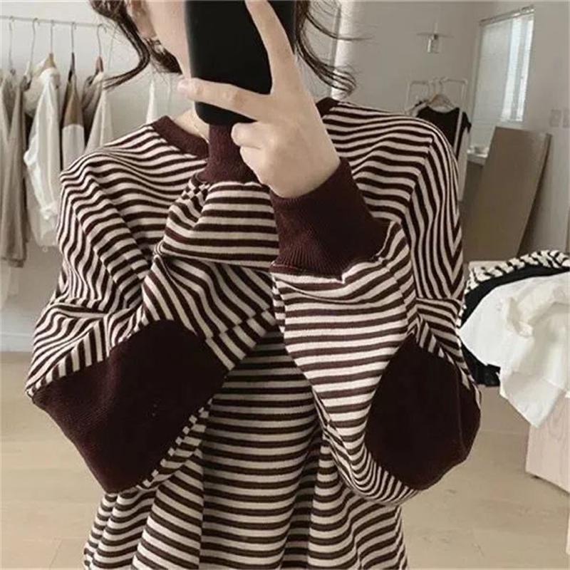 

Новые женские модные свитшоты оверсайз в стиле стритвир с полосатым лоскутным дизайном Y2K, осенние женские повседневные пуловеры с круглым вырезом и длинными рукавами XXXL кофейный