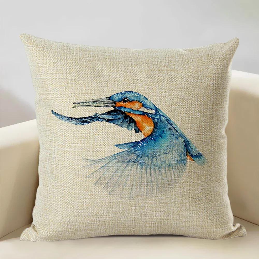 Watercolor Animal Bird Home Sofa Pillow Case Kingfisher Printed Decoration Throw Pillowcas 45x45cm Cushion Cover