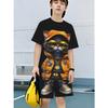 New Summer Short Sleeved T-shirt Cartoon Hip-hop Golden Chain Cat Fashionable Cool Print Set Shorts Children's Clothing