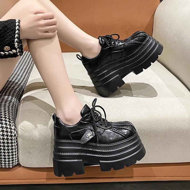 New  Spring Women's Leather Sneakers High Platform Lace-up Casual Shoes Thick Sole 10CM Heels Walking Shoes  Mujer