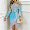 Women Plus Size Asymmetric Cold Shoulder Long Sleeve Purple Gold Agate Print Irregular Wrap Bodycon Midi Dress
