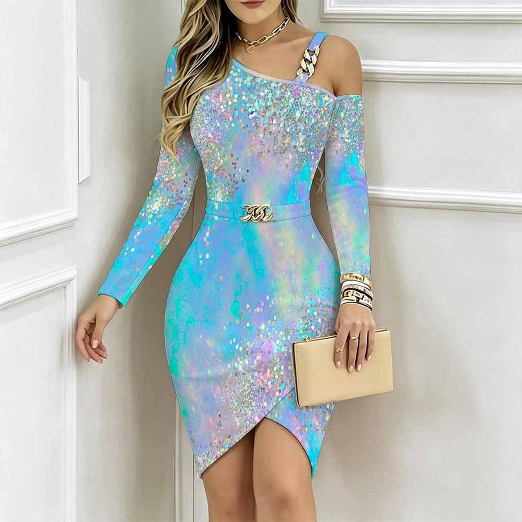 Women Plus Size Asymmetric Cold Shoulder Long Sleeve Purple Gold Agate Print Irregular Wrap Bodycon Midi Dress