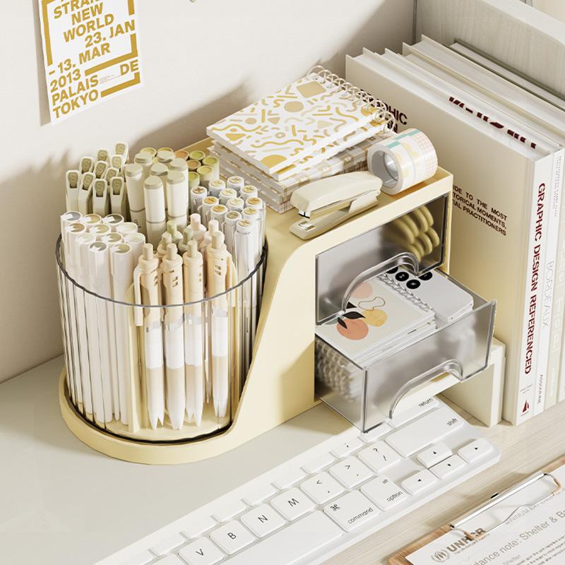 2-In-1 Rotating Pen Holder Rotating Desktop Organizer Storage Box With Drawer Plastic Pen Holder Cosmetic Storage Box