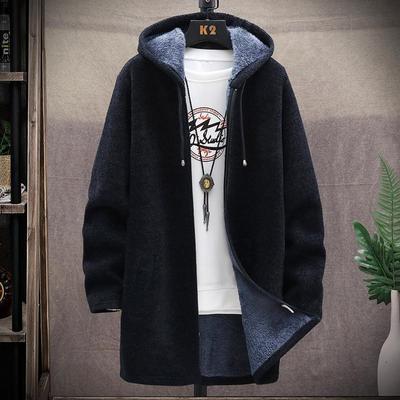 Men's Hooded Long Knit Jacket Cardigan Long Hooded Sweater Thickened Warm Jacket