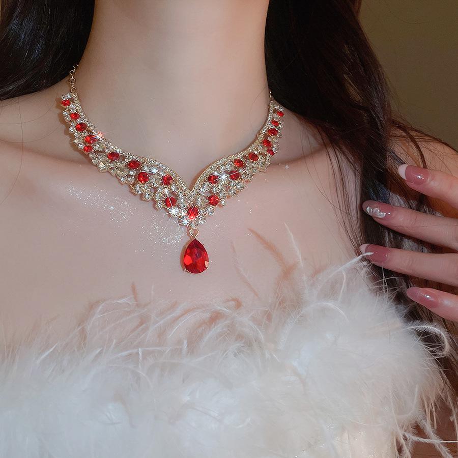 Two-Piece Rhinestone Inlaid Water Drop Earrings & Necklace - European Retro Luxury Style for Women