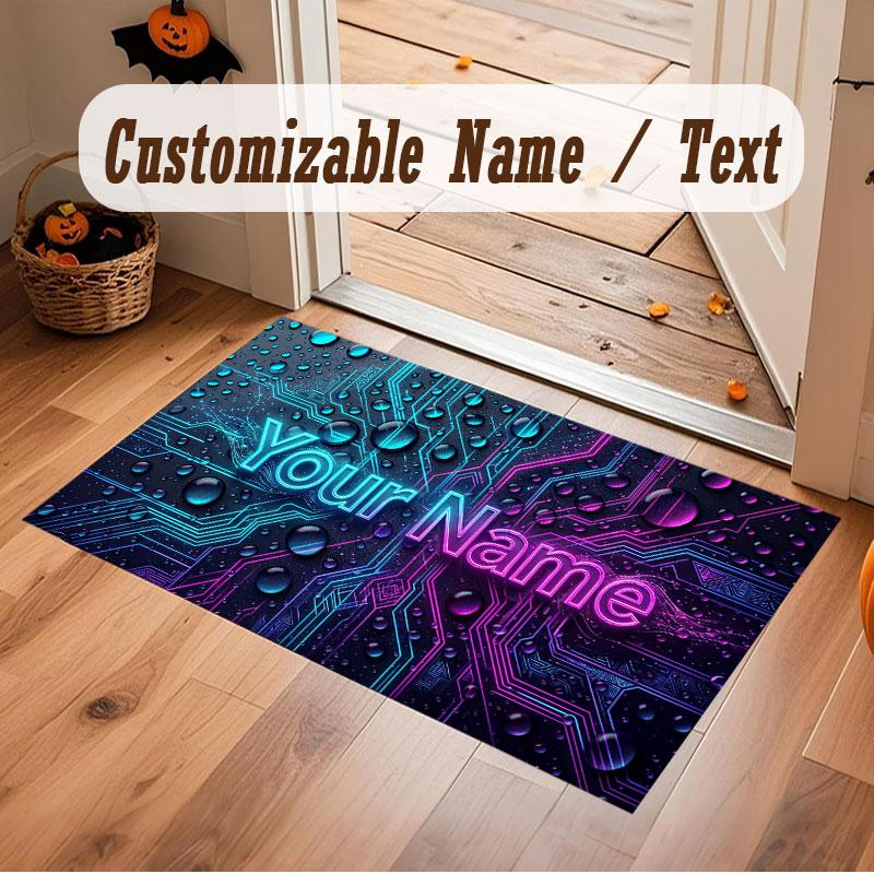 City Cyberpunk Theme Crystal Velvet Floor Rug Personalized Custom Name Text Warm Carpet Home Decoration