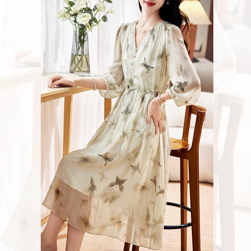 

Шелковое платье из двойного крепа женское летнее ретро мода V-образный вырез принт длинный рукав шелк тутового дерева А-силуэтное платье XXXL