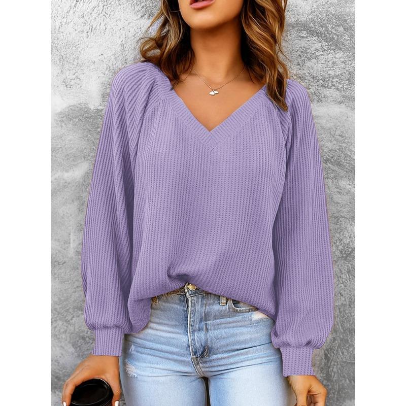 New Women's Casual V-neck Long-sleeved Pullover Loose Solid Color Multi-color Sweatshirt