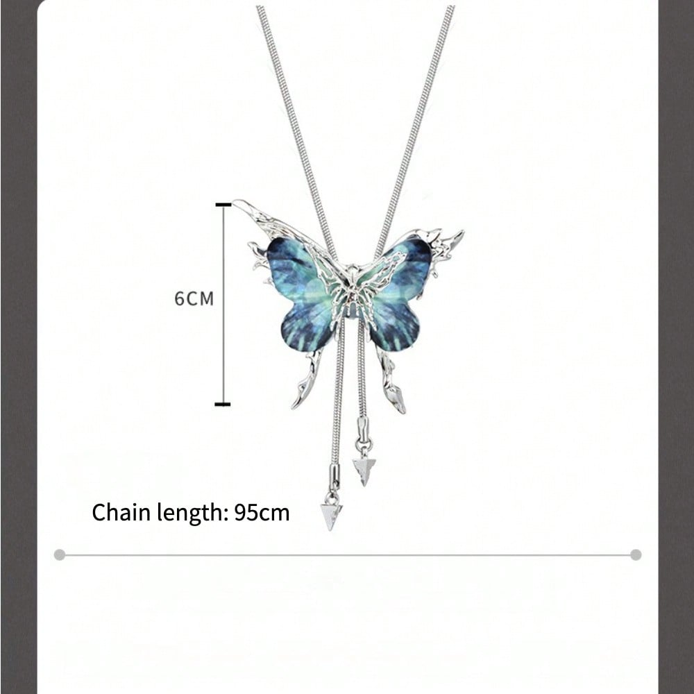 Blue Butterfly Tassel Necklace Premium Pull Adjustable Fashion Sweater Chain