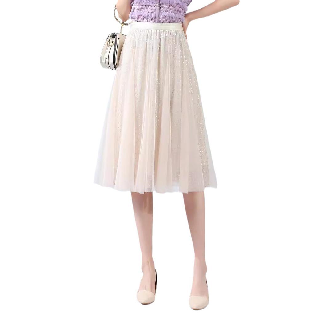 Bust summer pleated skirt medium and long A-word women's drape feeling big swing gauze skirt high waist skirt spring and autumn high sense