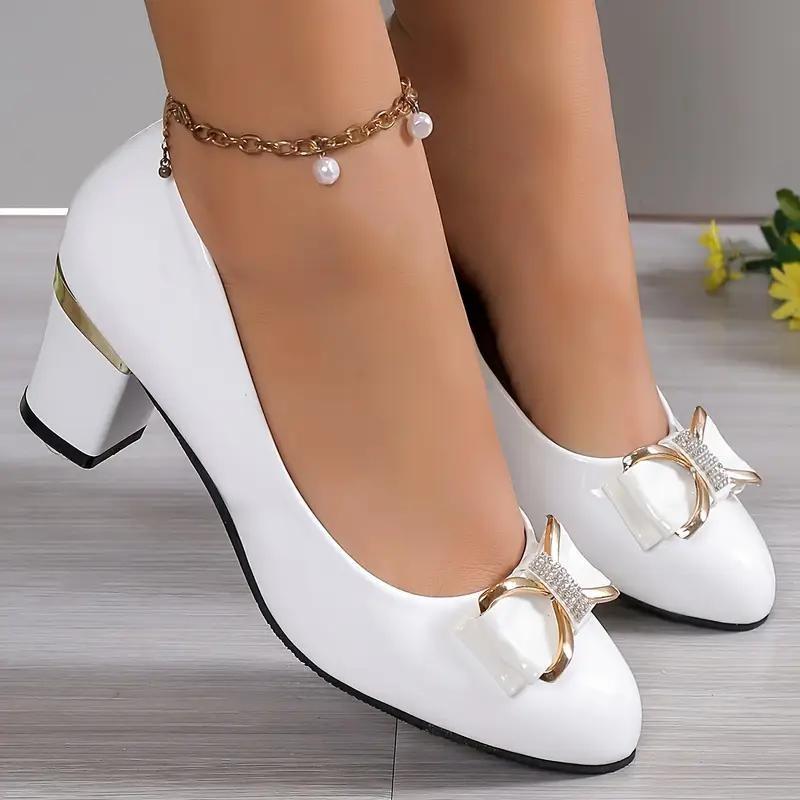 Fashionable High Heels for Women with A Shallow Mouth, Large Size, Thick Heels and Round-toe Bowknots Pumps for Women